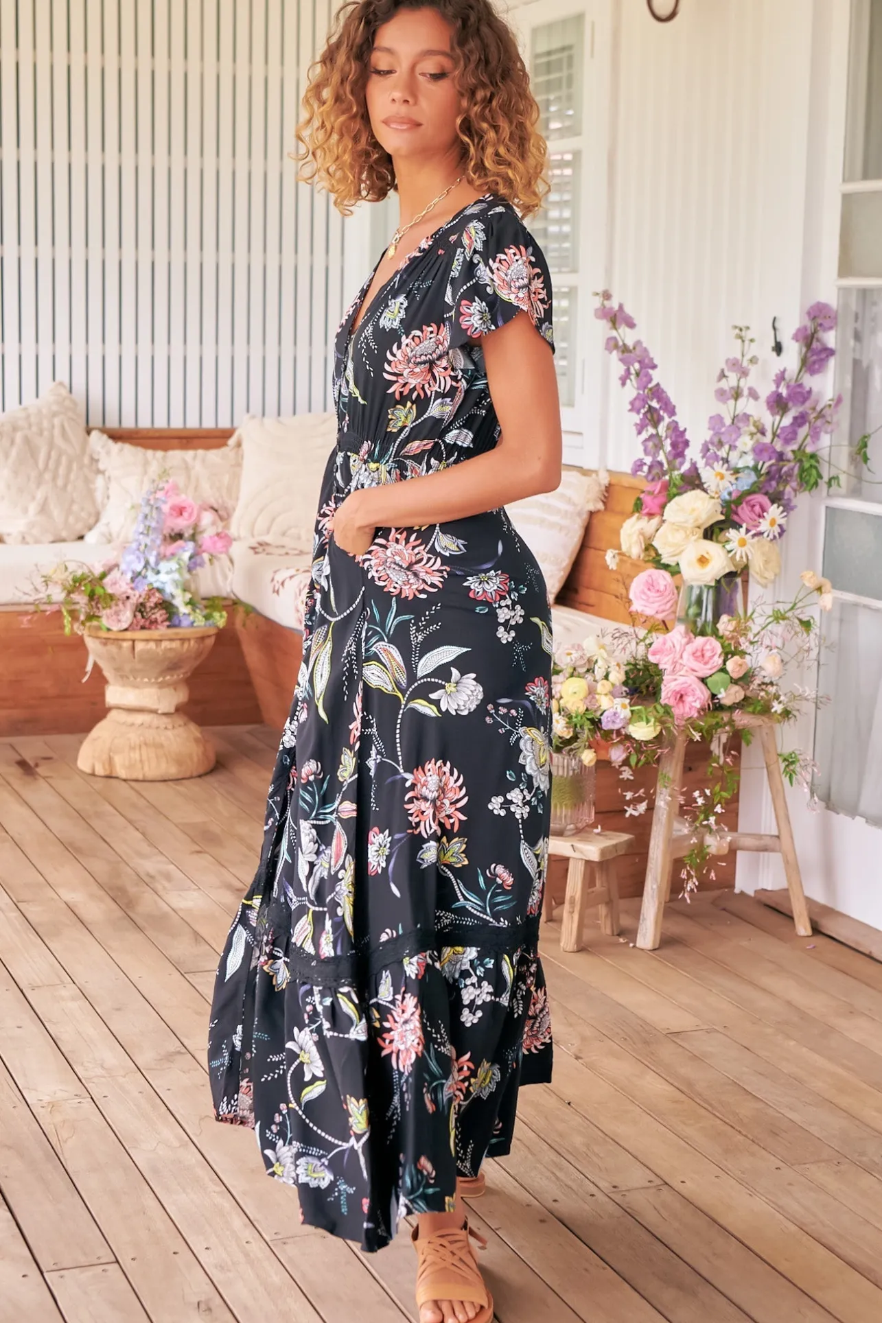 Carmen Maxi Dress - Butterfly Cap Sleeve Button Down A Line Dress with Lace Trim in Under the Stars Print>Jaase Hot
