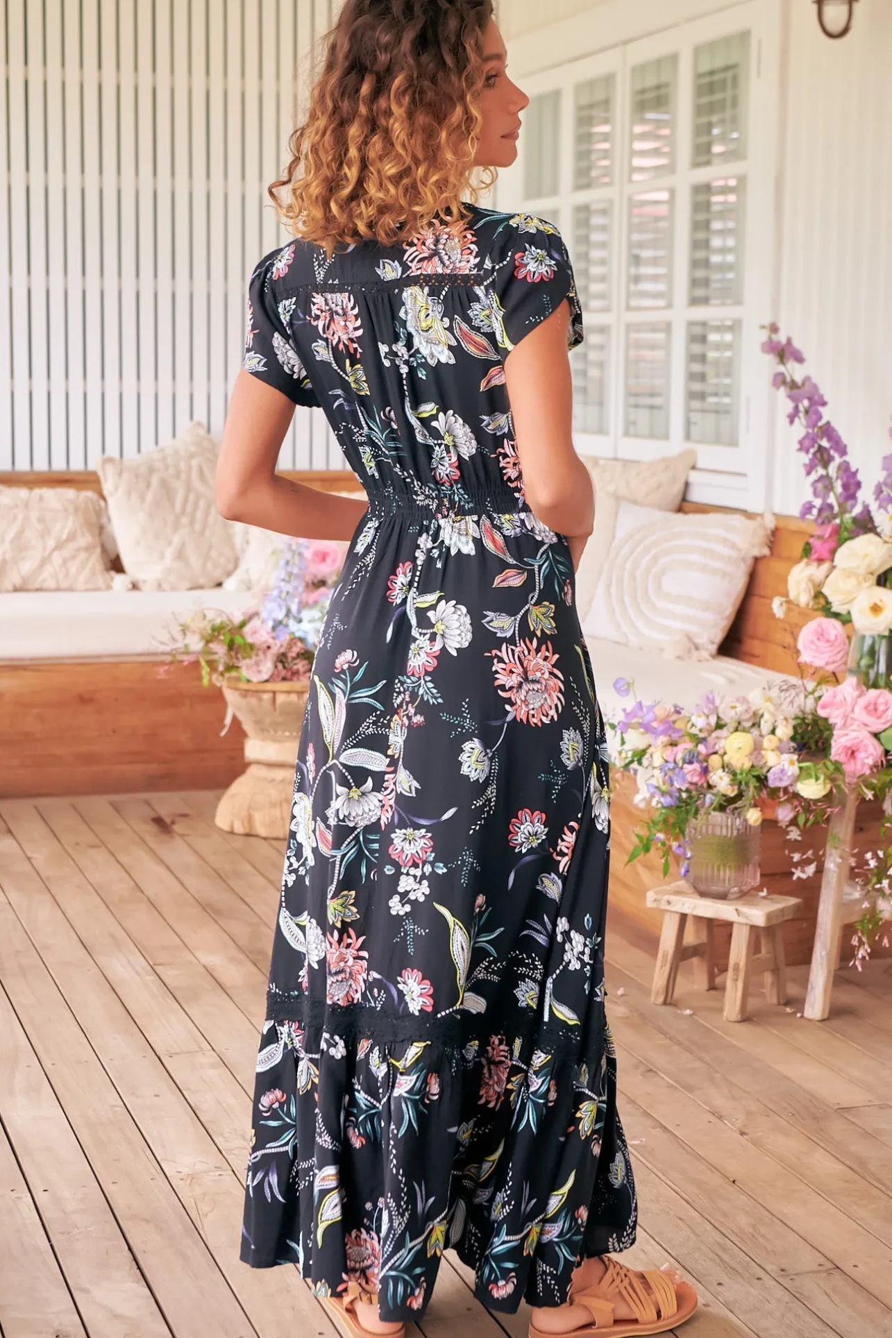 Carmen Maxi Dress - Butterfly Cap Sleeve Button Down A Line Dress with Lace Trim in Under the Stars Print>Jaase Hot