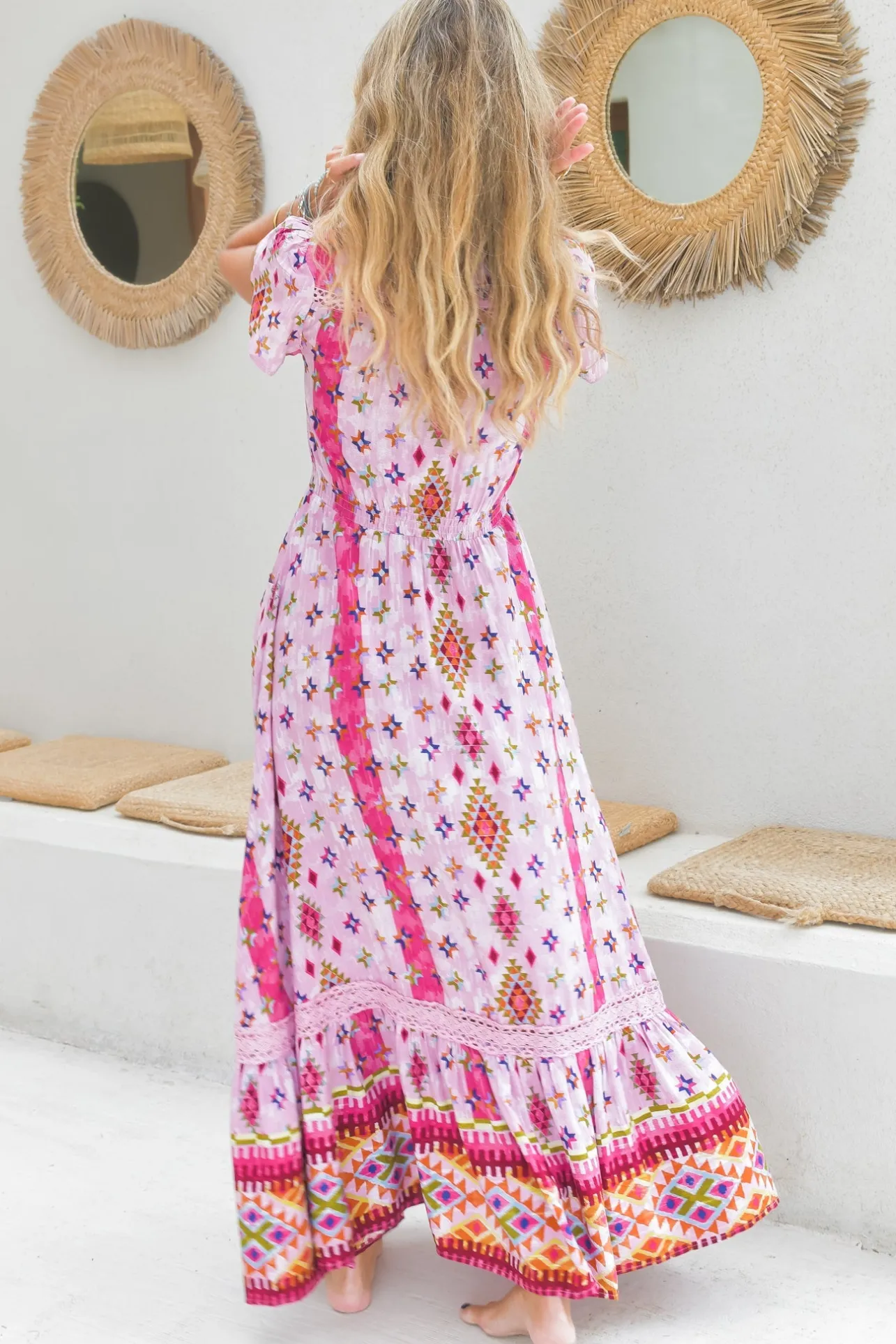Carmen Maxi Dress - Butterfly Cap Sleeve Button Down A Line Dress with Lace Trim in Lost Tribe Print>Jaase Hot