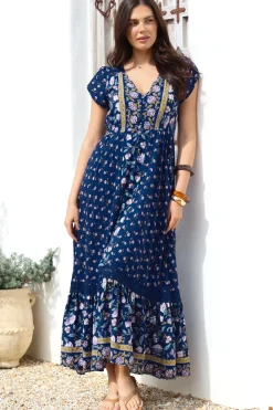 Carmen Maxi Dress - Butterfly Cap Sleeve Button Down A Line Dress with Lace Trim in Wild Indigo Print>Jaase Clearance