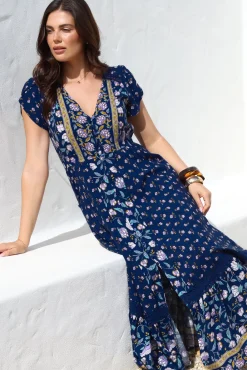 Carmen Maxi Dress - Butterfly Cap Sleeve Button Down A Line Dress with Lace Trim in Wild Indigo Print>Jaase Clearance