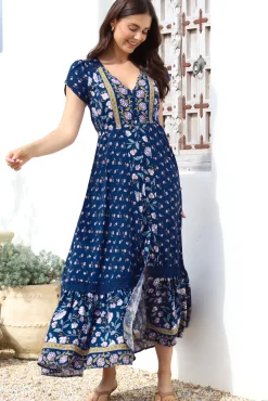 Carmen Maxi Dress - Butterfly Cap Sleeve Button Down A Line Dress with Lace Trim in Wild Indigo Print><noscript><img width=