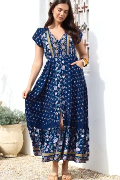 Carmen Maxi Dress - Butterfly Cap Sleeve Button Down A Line Dress with Lace Trim in Wild Indigo Print><noscript><img width=