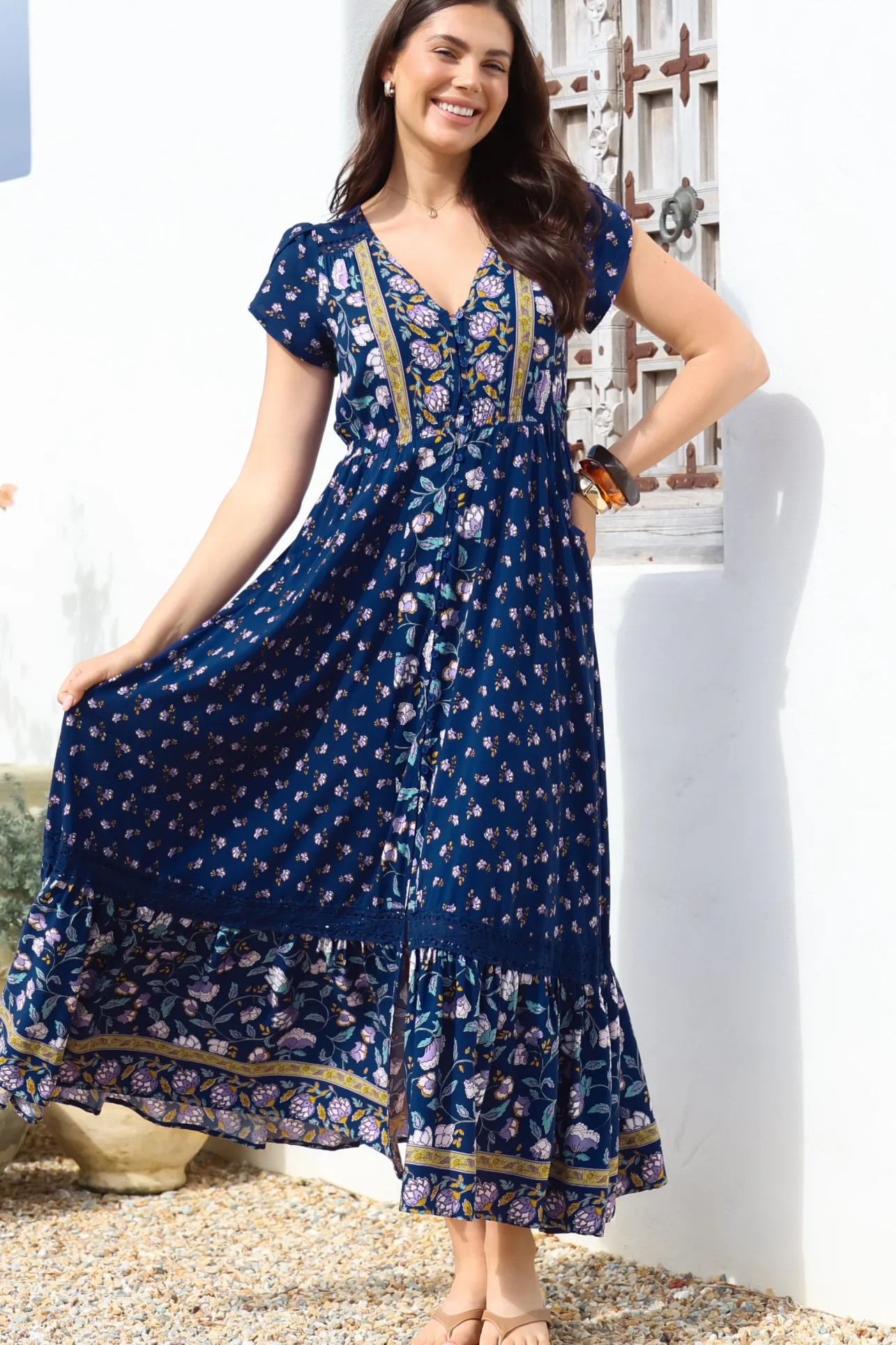 Carmen Maxi Dress - Butterfly Cap Sleeve Button Down A Line Dress with Lace Trim in Wild Indigo Print>Jaase Clearance