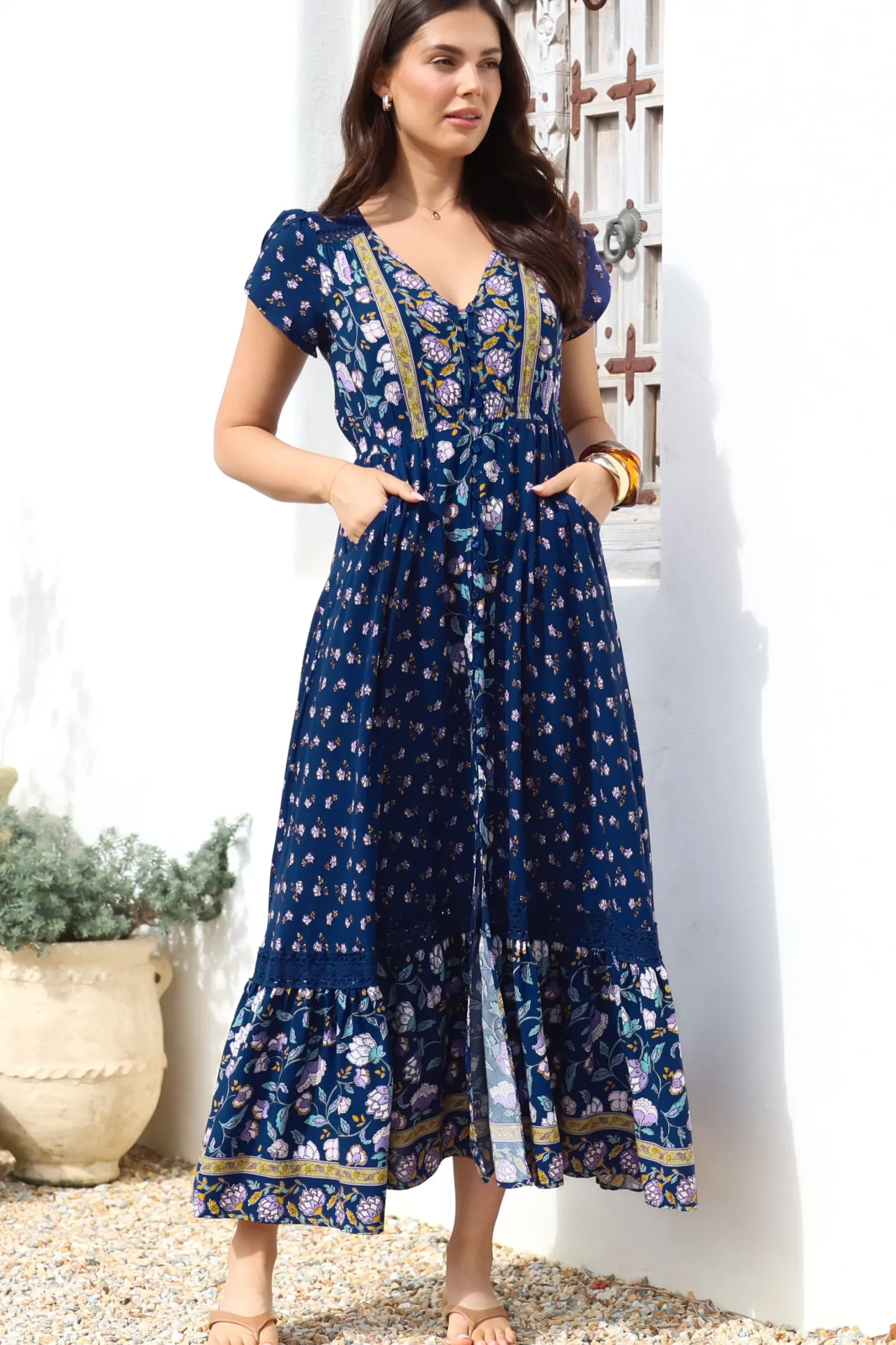 Carmen Maxi Dress - Butterfly Cap Sleeve Button Down A Line Dress with Lace Trim in Wild Indigo Print>Jaase Clearance