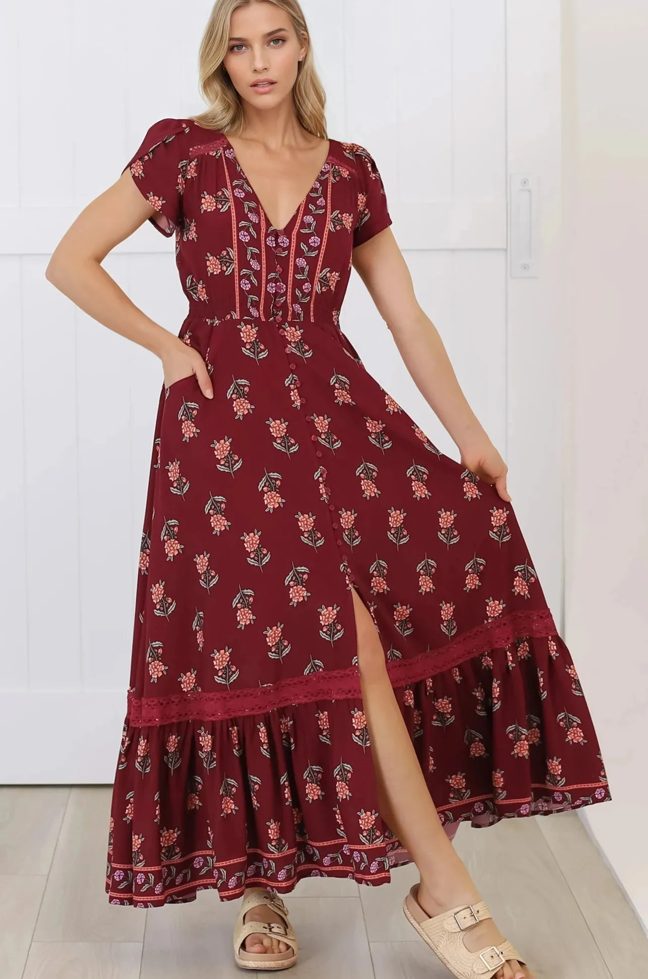 Carmen Maxi Dress - Butterfly Cap Sleeve Button Down A Line Dress with Lace Trim in Grenache Print>Jaase Online
