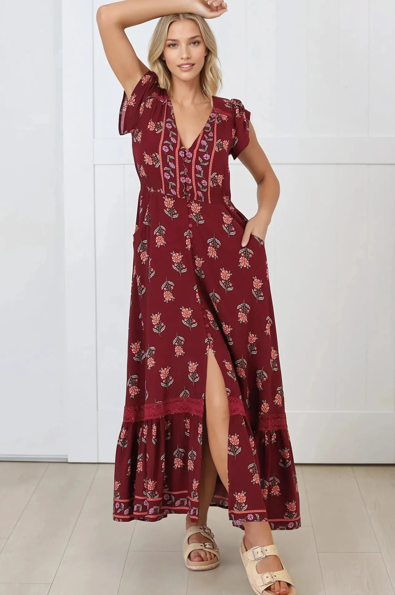 Carmen Maxi Dress - Butterfly Cap Sleeve Button Down A Line Dress with Lace Trim in Grenache Print>Jaase Online