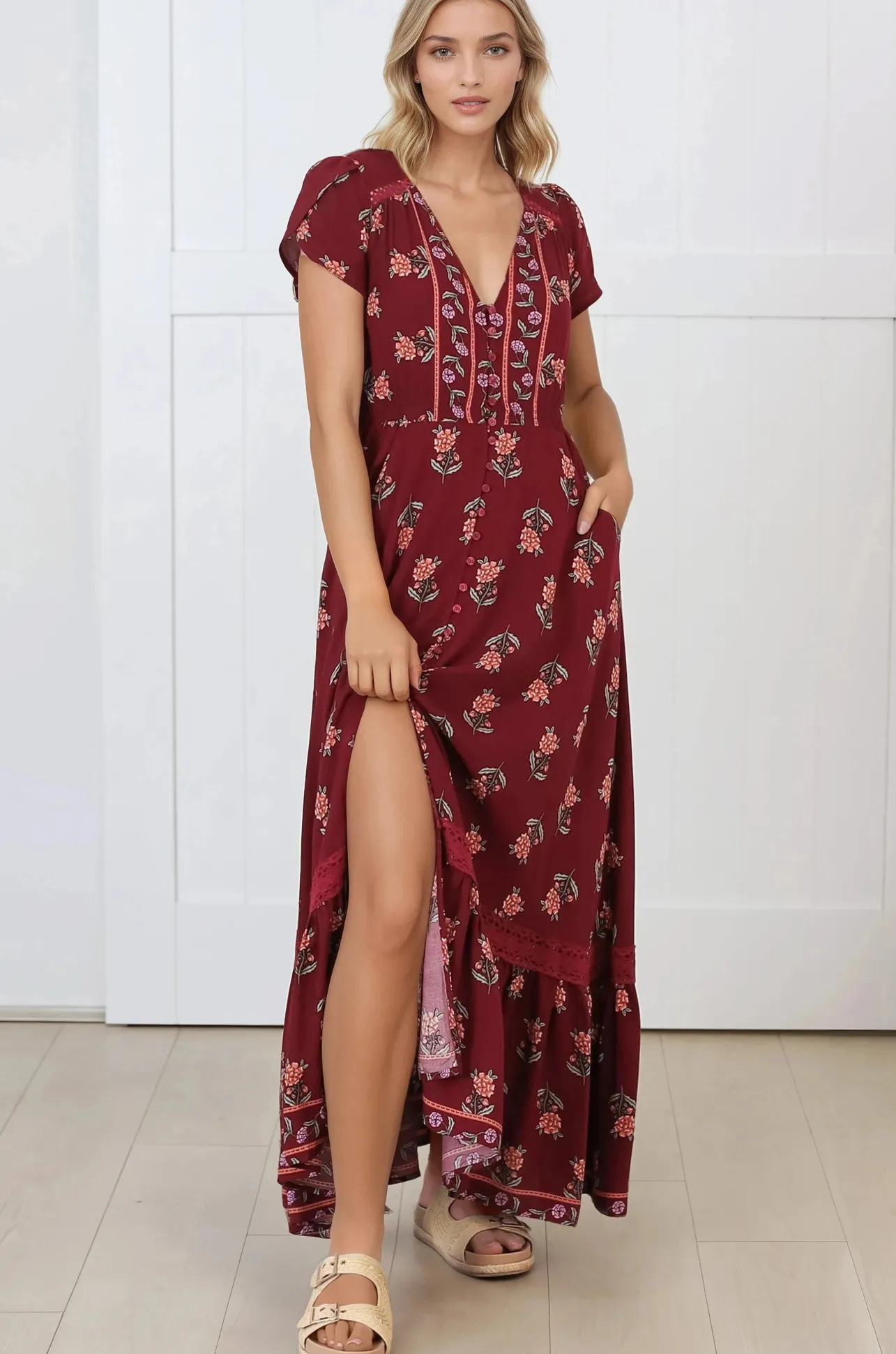 Carmen Maxi Dress - Butterfly Cap Sleeve Button Down A Line Dress with Lace Trim in Grenache Print>Jaase Online
