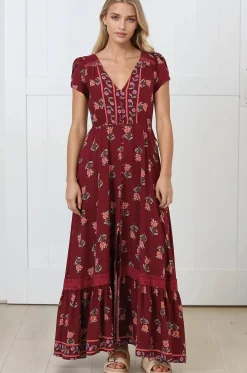Carmen Maxi Dress - Butterfly Cap Sleeve Button Down A Line Dress with Lace Trim in Grenache Print><noscript><img width=