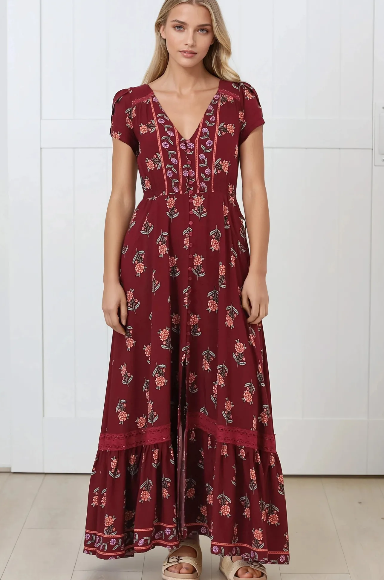 Carmen Maxi Dress - Butterfly Cap Sleeve Button Down A Line Dress with Lace Trim in Grenache Print>Jaase Online