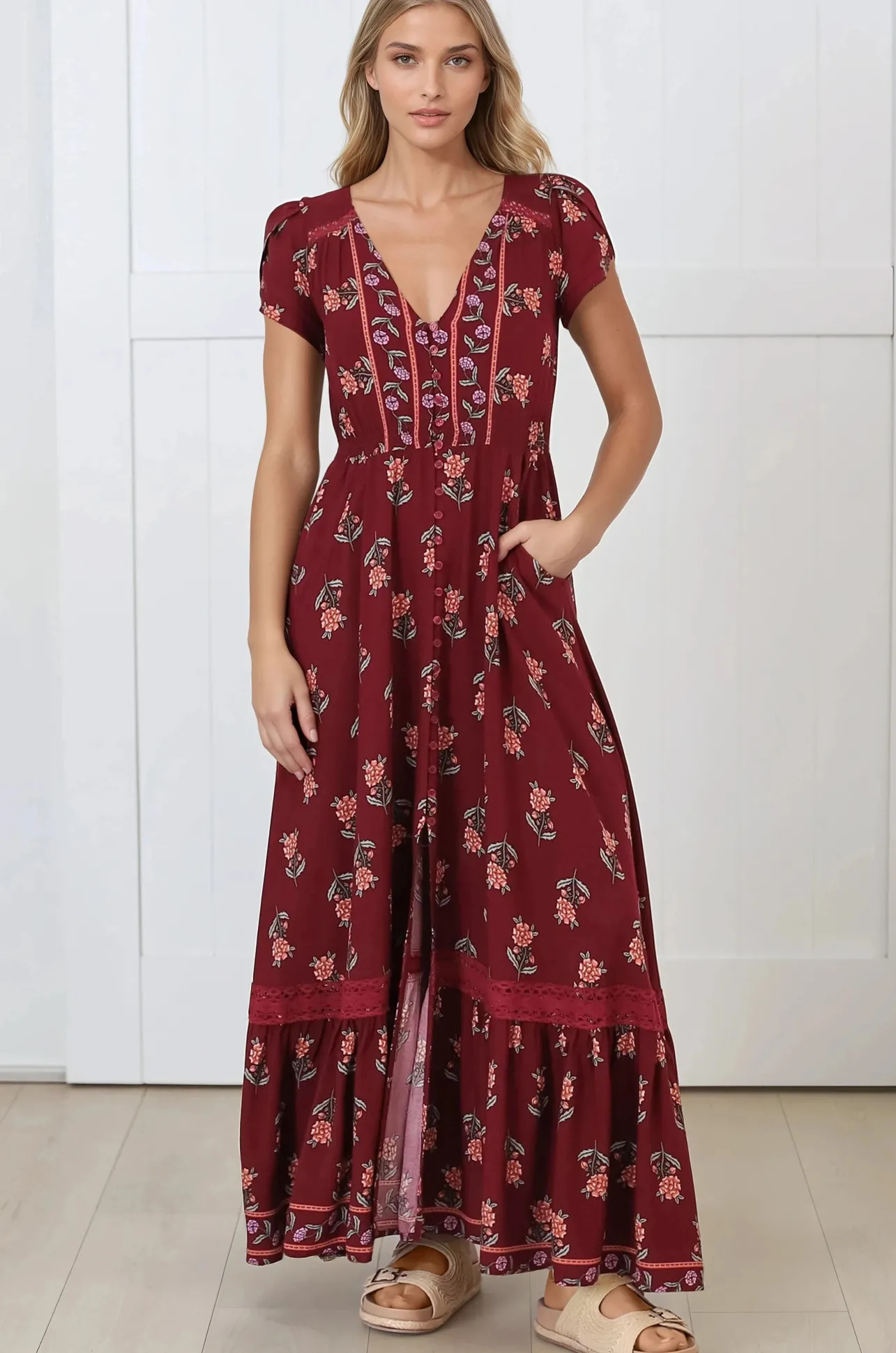 Carmen Maxi Dress - Butterfly Cap Sleeve Button Down A Line Dress with Lace Trim in Grenache Print>Jaase Online