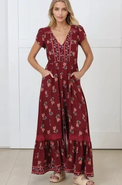 Carmen Maxi Dress - Butterfly Cap Sleeve Button Down A Line Dress with Lace Trim in Grenache Print><noscript><img width=