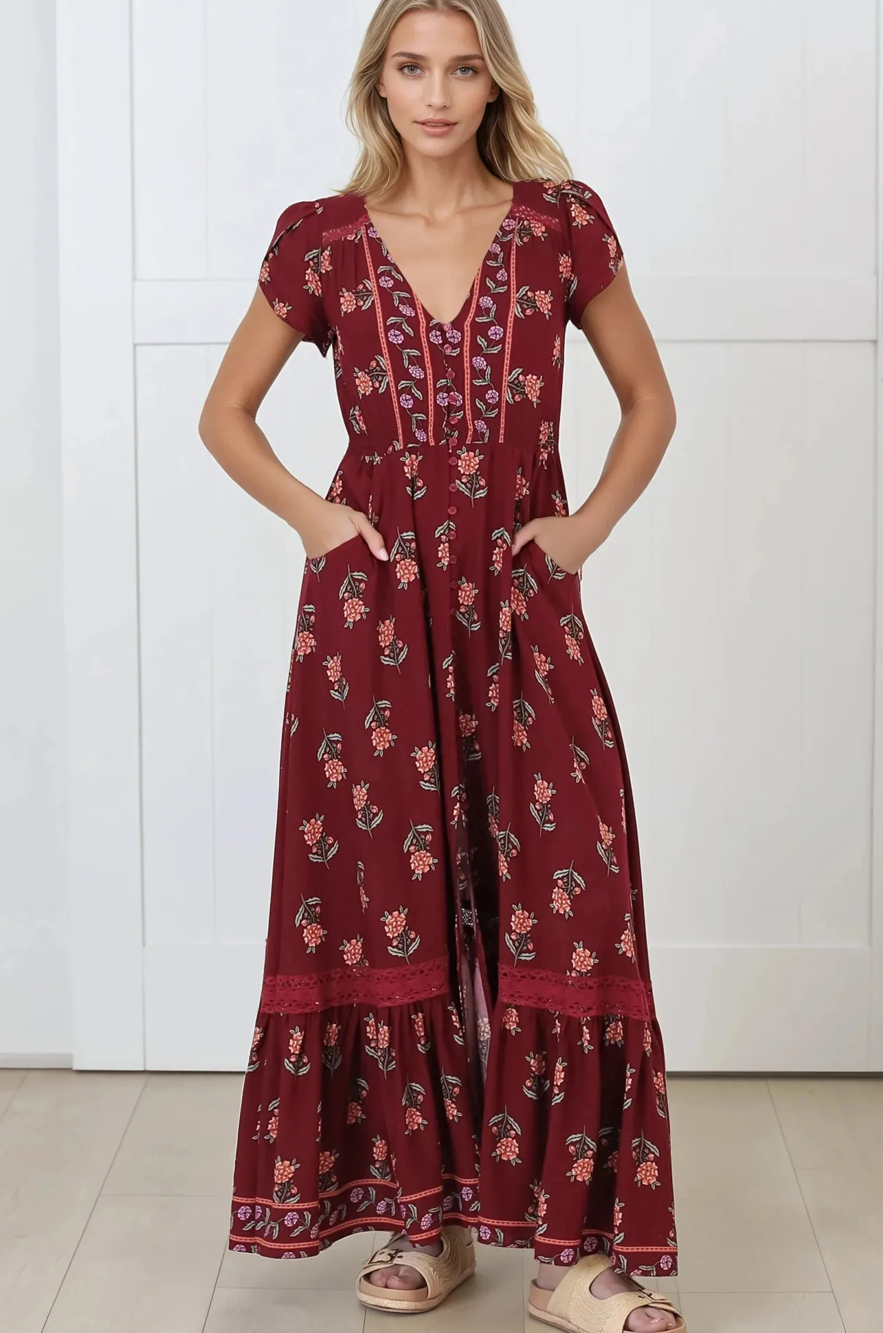 Carmen Maxi Dress - Butterfly Cap Sleeve Button Down A Line Dress with Lace Trim in Grenache Print>Jaase Online