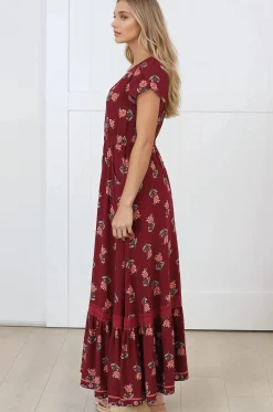 Carmen Maxi Dress - Butterfly Cap Sleeve Button Down A Line Dress with Lace Trim in Grenache Print><noscript><img width=