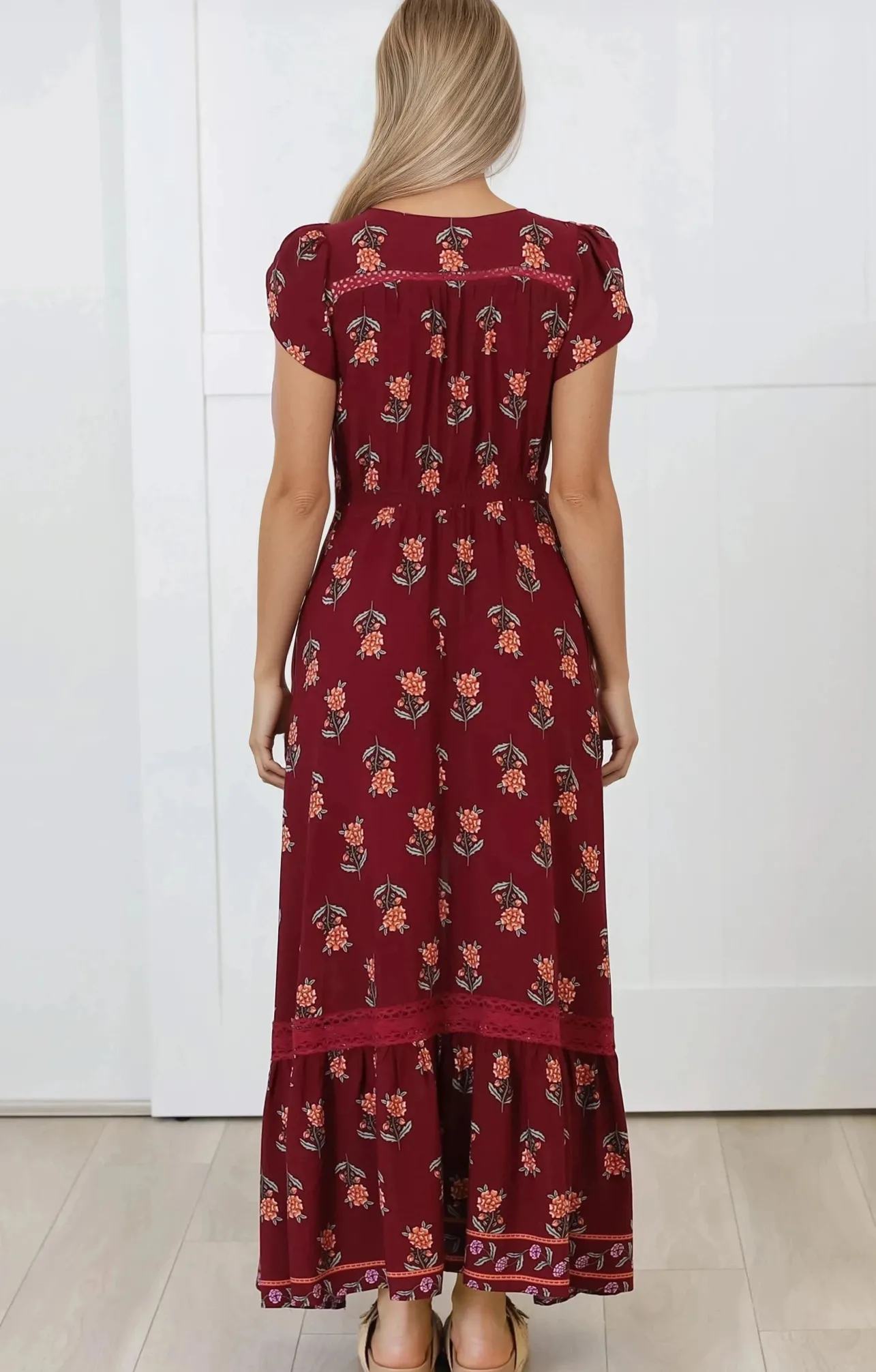 Carmen Maxi Dress - Butterfly Cap Sleeve Button Down A Line Dress with Lace Trim in Grenache Print>Jaase Online