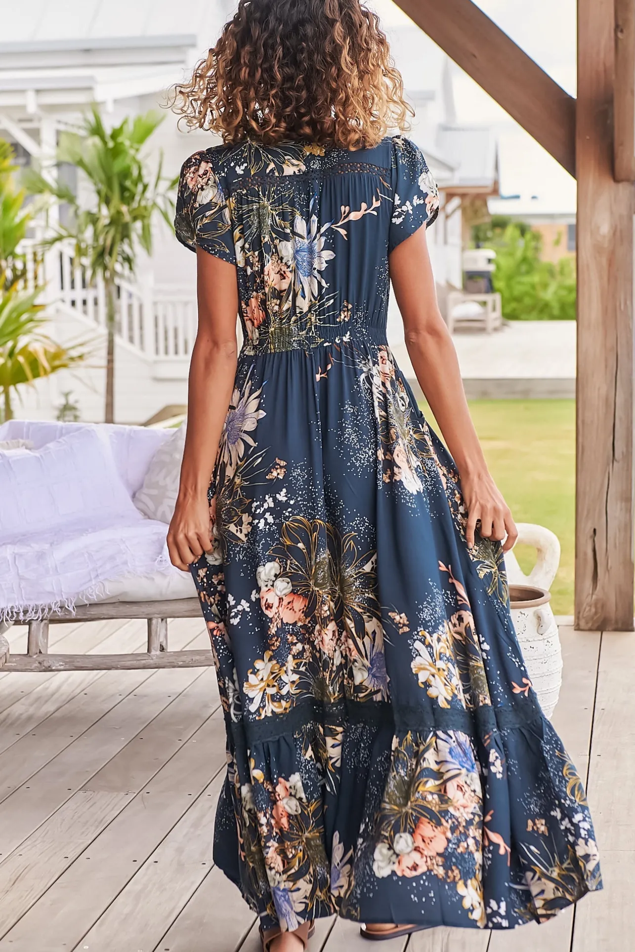 Carmen Maxi Dress - Butterfly Cap Sleeve Button Down A Line Dress with Lace Trim in Indigo Print>Jaase Clearance