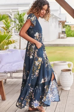 Carmen Maxi Dress - Butterfly Cap Sleeve Button Down A Line Dress with Lace Trim in Indigo Print><noscript><img width=
