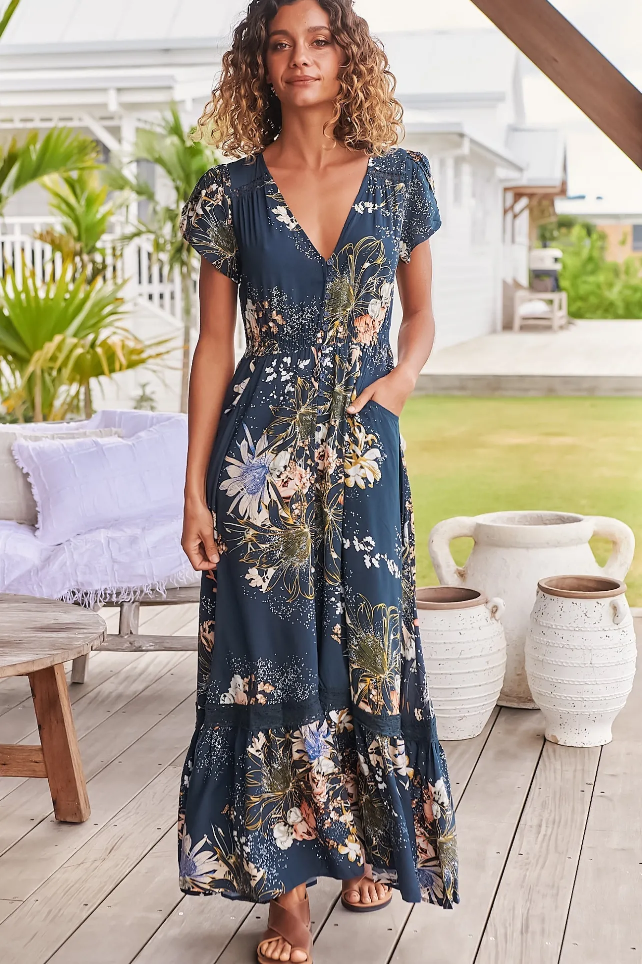 Carmen Maxi Dress - Butterfly Cap Sleeve Button Down A Line Dress with Lace Trim in Indigo Print>Jaase Clearance