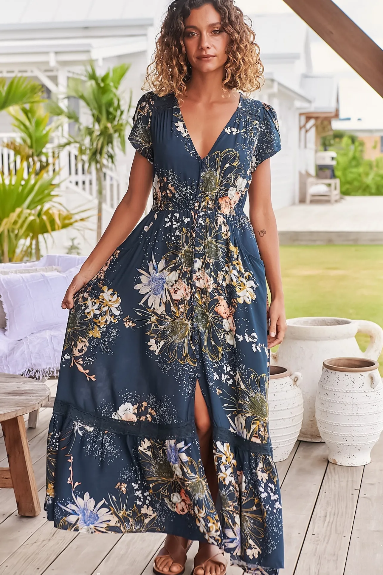 Carmen Maxi Dress - Butterfly Cap Sleeve Button Down A Line Dress with Lace Trim in Indigo Print>Jaase Clearance