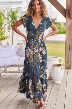 Carmen Maxi Dress - Butterfly Cap Sleeve Button Down A Line Dress with Lace Trim in Indigo Print><noscript><img width=