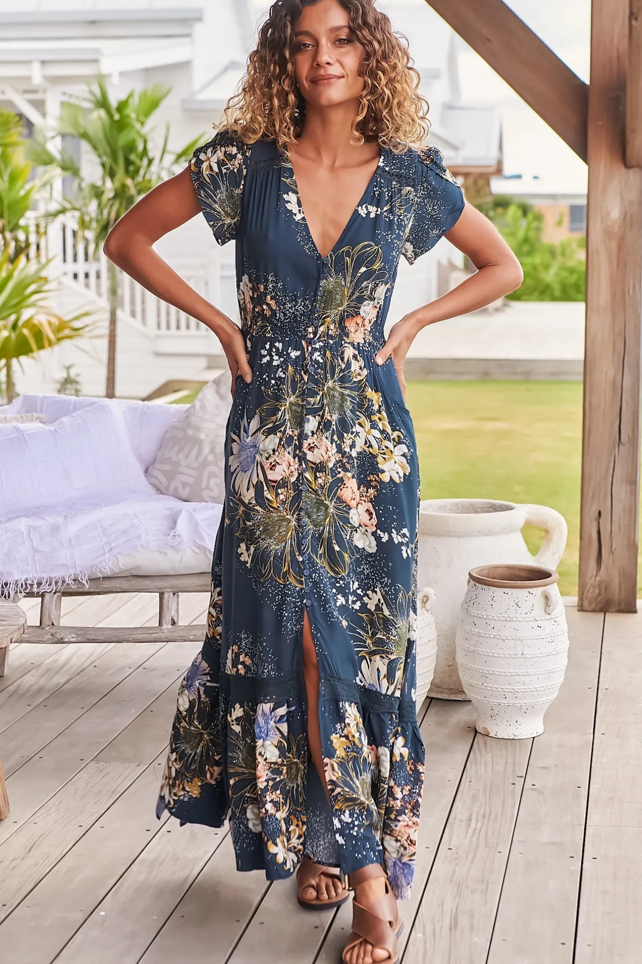 Carmen Maxi Dress - Butterfly Cap Sleeve Button Down A Line Dress with Lace Trim in Indigo Print>Jaase Clearance