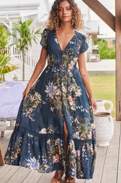 Carmen Maxi Dress - Butterfly Cap Sleeve Button Down A Line Dress with Lace Trim in Indigo Print><noscript><img width=