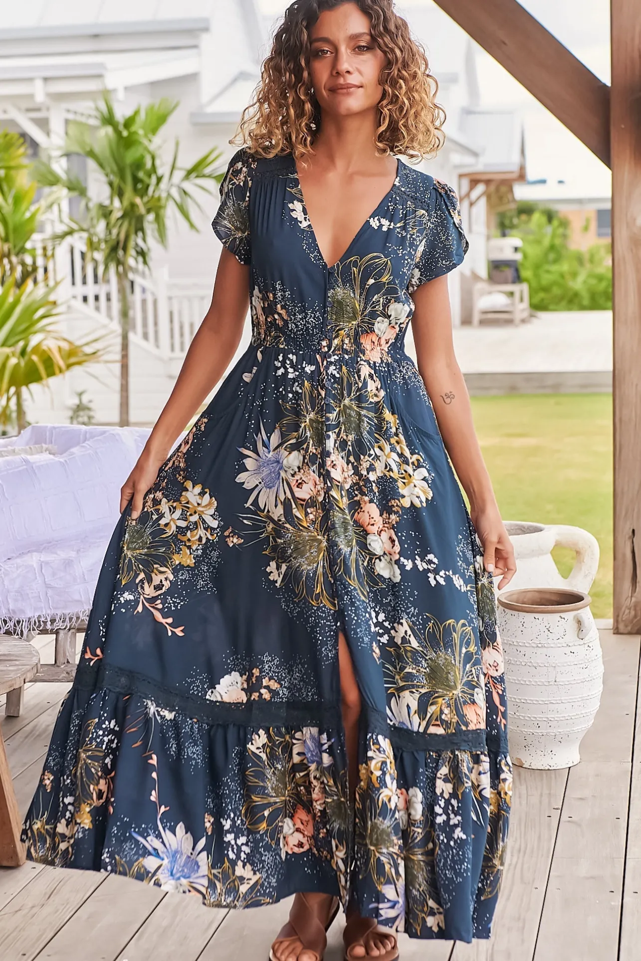 Carmen Maxi Dress - Butterfly Cap Sleeve Button Down A Line Dress with Lace Trim in Indigo Print>Jaase Clearance