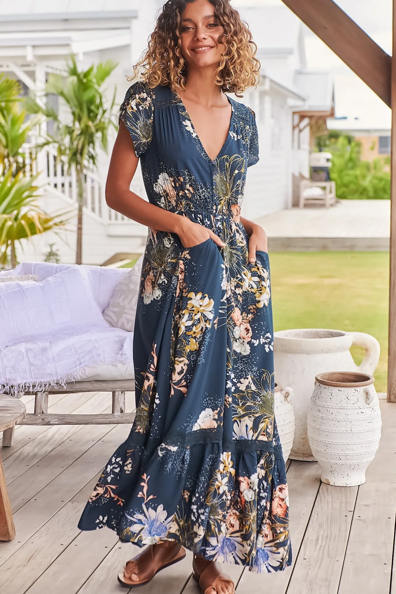 Carmen Maxi Dress - Butterfly Cap Sleeve Button Down A Line Dress with Lace Trim in Indigo Print>Jaase Clearance