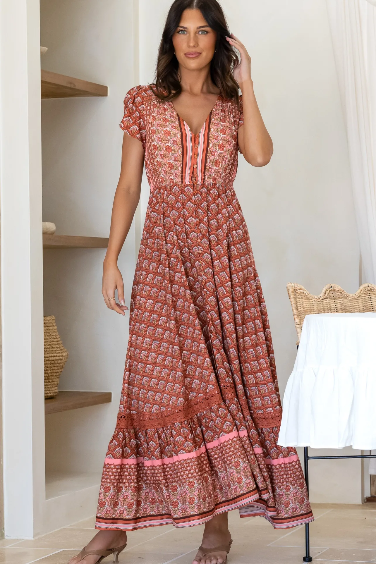 Carmen Maxi Dress - Butterfly Cap Sleeve Button Down A Line Dress with Lace Trim in Coral Eden Print>Jaase Discount