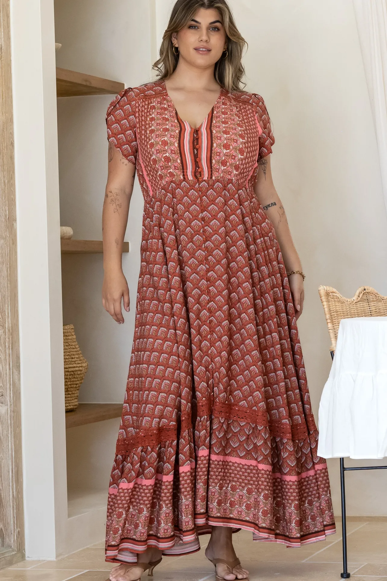 Carmen Maxi Dress - Butterfly Cap Sleeve Button Down A Line Dress with Lace Trim in Coral Eden Print>Jaase Discount