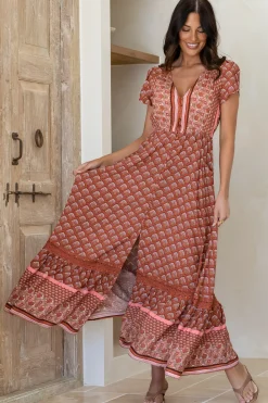 Carmen Maxi Dress - Butterfly Cap Sleeve Button Down A Line Dress with Lace Trim in Coral Eden Print><noscript><img width=