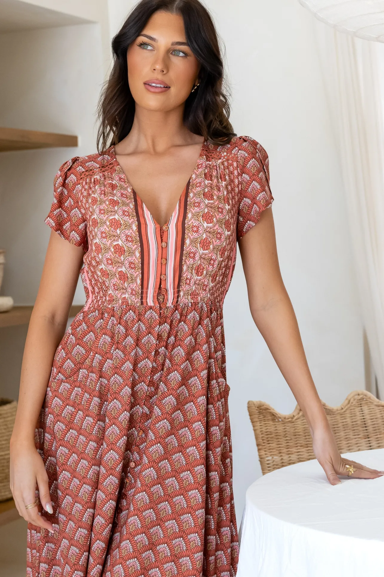 Carmen Maxi Dress - Butterfly Cap Sleeve Button Down A Line Dress with Lace Trim in Coral Eden Print>Jaase Discount