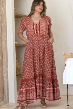 Carmen Maxi Dress - Butterfly Cap Sleeve Button Down A Line Dress with Lace Trim in Coral Eden Print><noscript><img width=