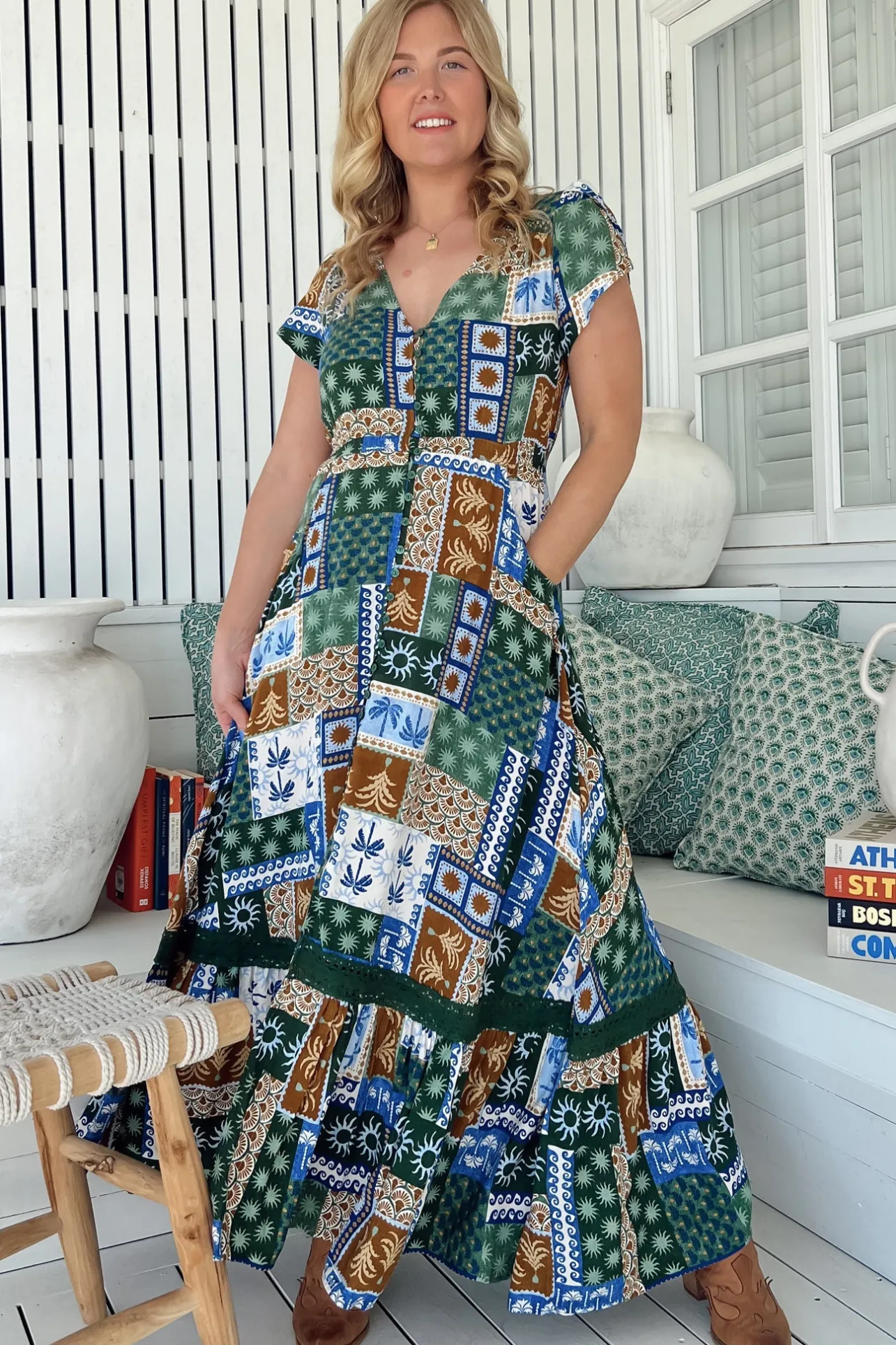 Carmen Maxi Dress - Butterfly Cap Sleeve Button Down A Line Dress with Lace Trim in Emerald Cove Print>Jaase Online