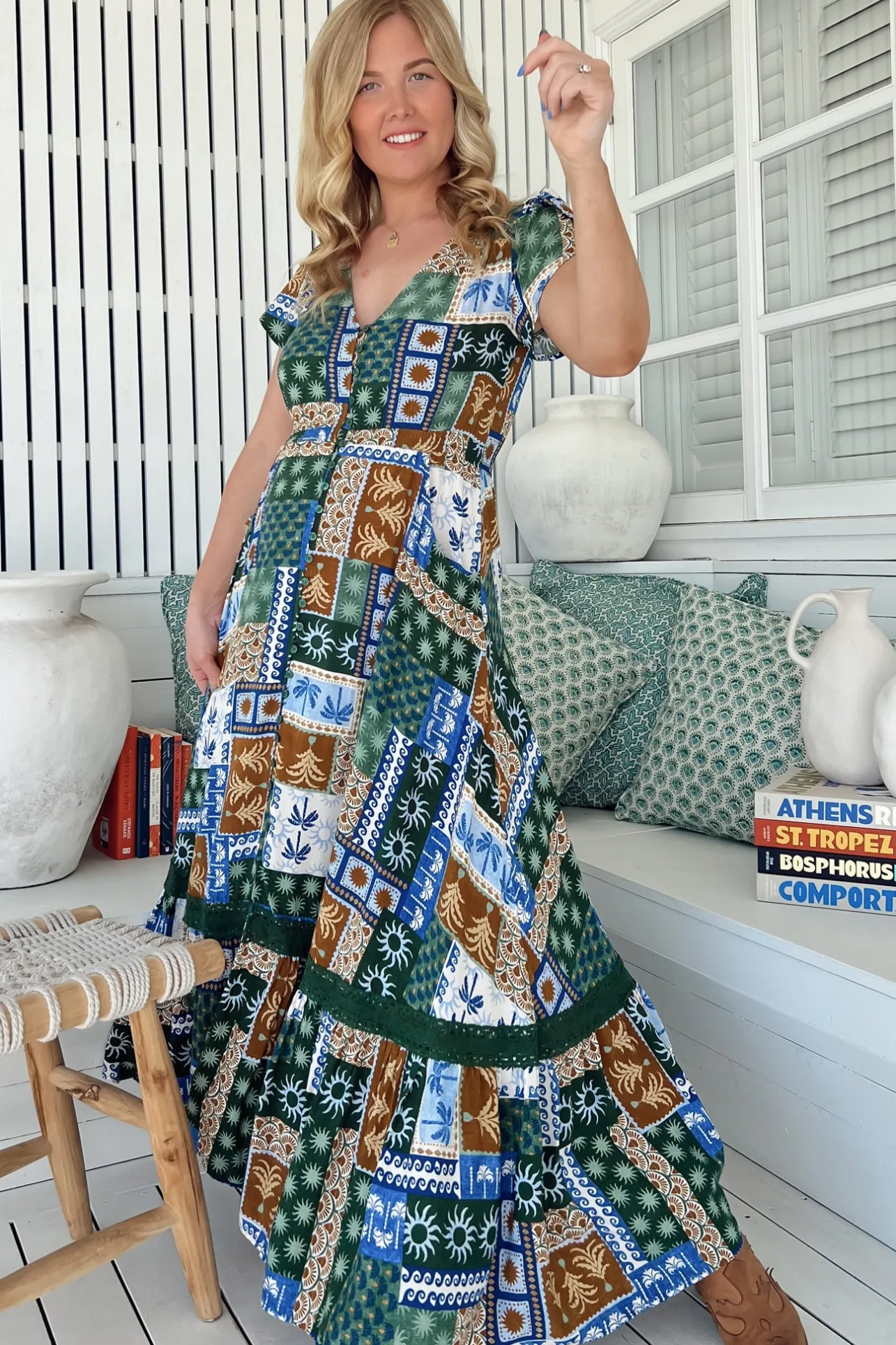 Carmen Maxi Dress - Butterfly Cap Sleeve Button Down A Line Dress with Lace Trim in Emerald Cove Print>Jaase Online