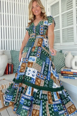 Carmen Maxi Dress - Butterfly Cap Sleeve Button Down A Line Dress with Lace Trim in Emerald Cove Print><noscript><img width=