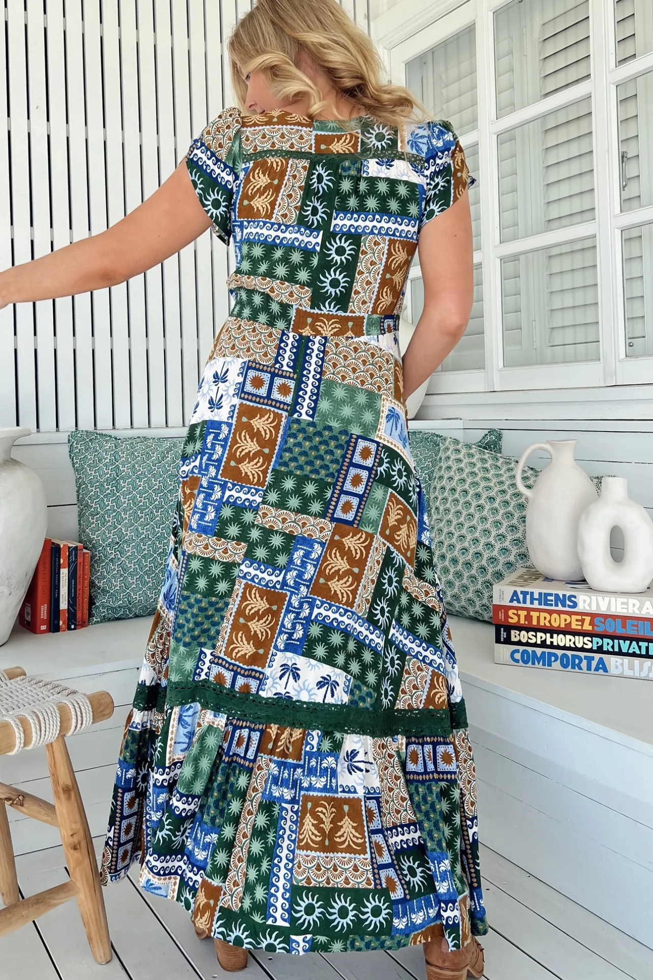 Carmen Maxi Dress - Butterfly Cap Sleeve Button Down A Line Dress with Lace Trim in Emerald Cove Print>Jaase Online