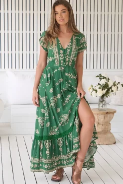 Carmen Maxi Dress - Butterfly Cap Sleeve Button Down A Line Dress with Lace Trim in Kiva>Jaase New