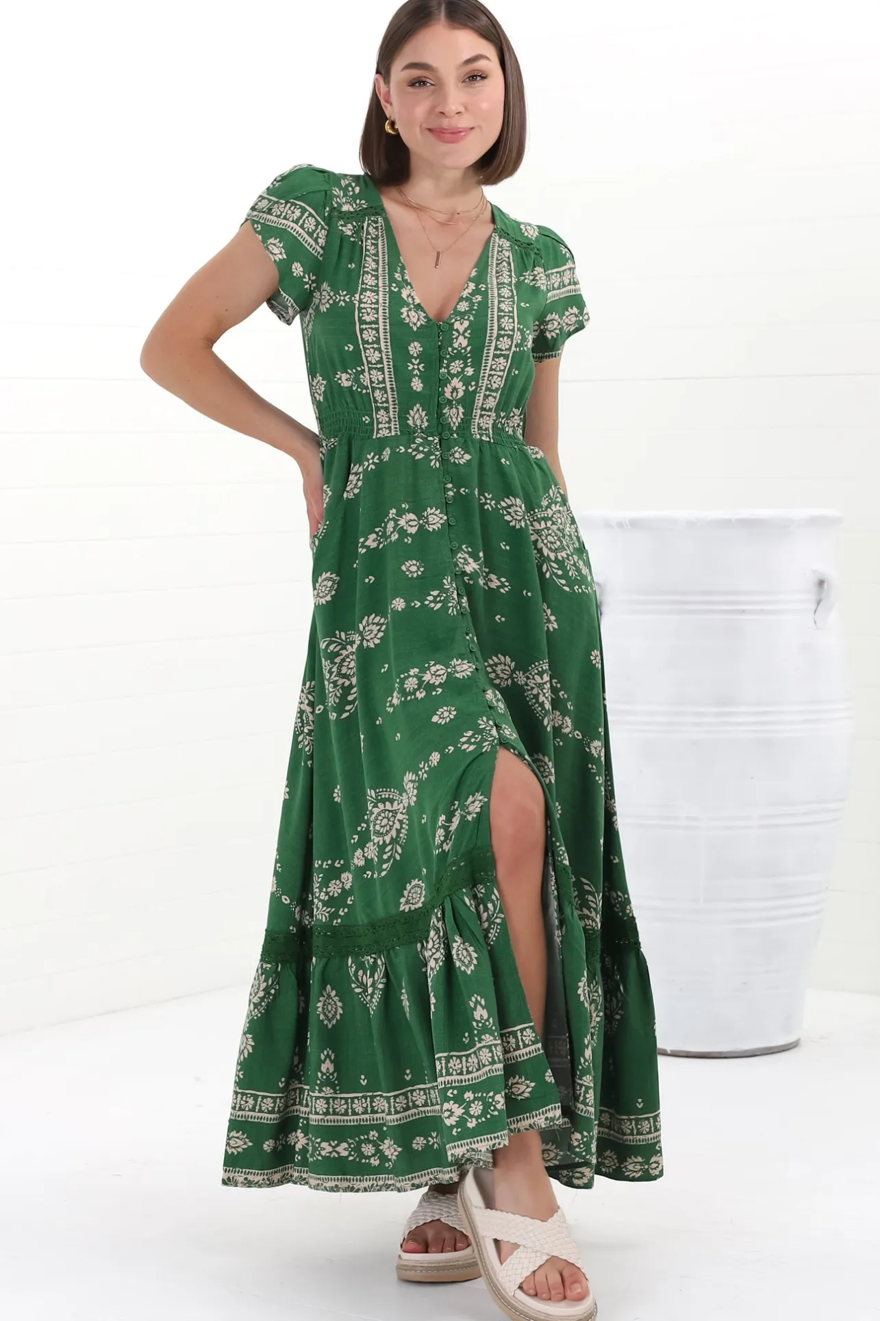 Carmen Maxi Dress - Butterfly Cap Sleeve Button Down A Line Dress with Lace Trim in Kiva>Jaase New