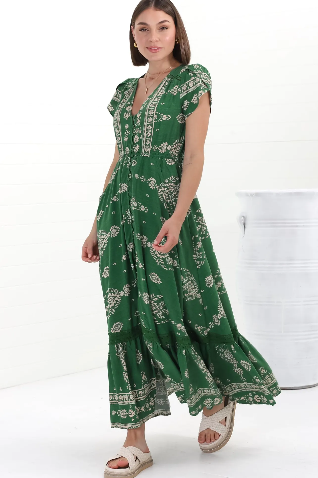 Carmen Maxi Dress - Butterfly Cap Sleeve Button Down A Line Dress with Lace Trim in Kiva>Jaase New