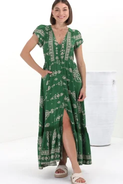 Carmen Maxi Dress - Butterfly Cap Sleeve Button Down A Line Dress with Lace Trim in Kiva><noscript><img width=