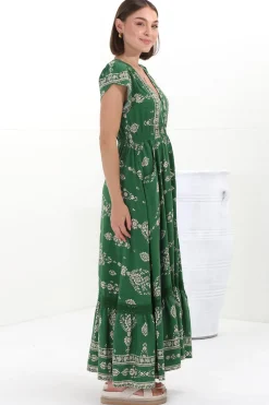 Carmen Maxi Dress - Butterfly Cap Sleeve Button Down A Line Dress with Lace Trim in Kiva><noscript><img width=