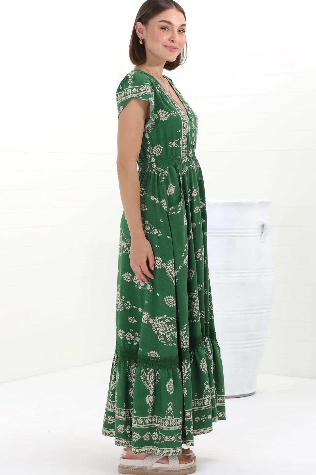 Carmen Maxi Dress - Butterfly Cap Sleeve Button Down A Line Dress with Lace Trim in Kiva>Jaase New