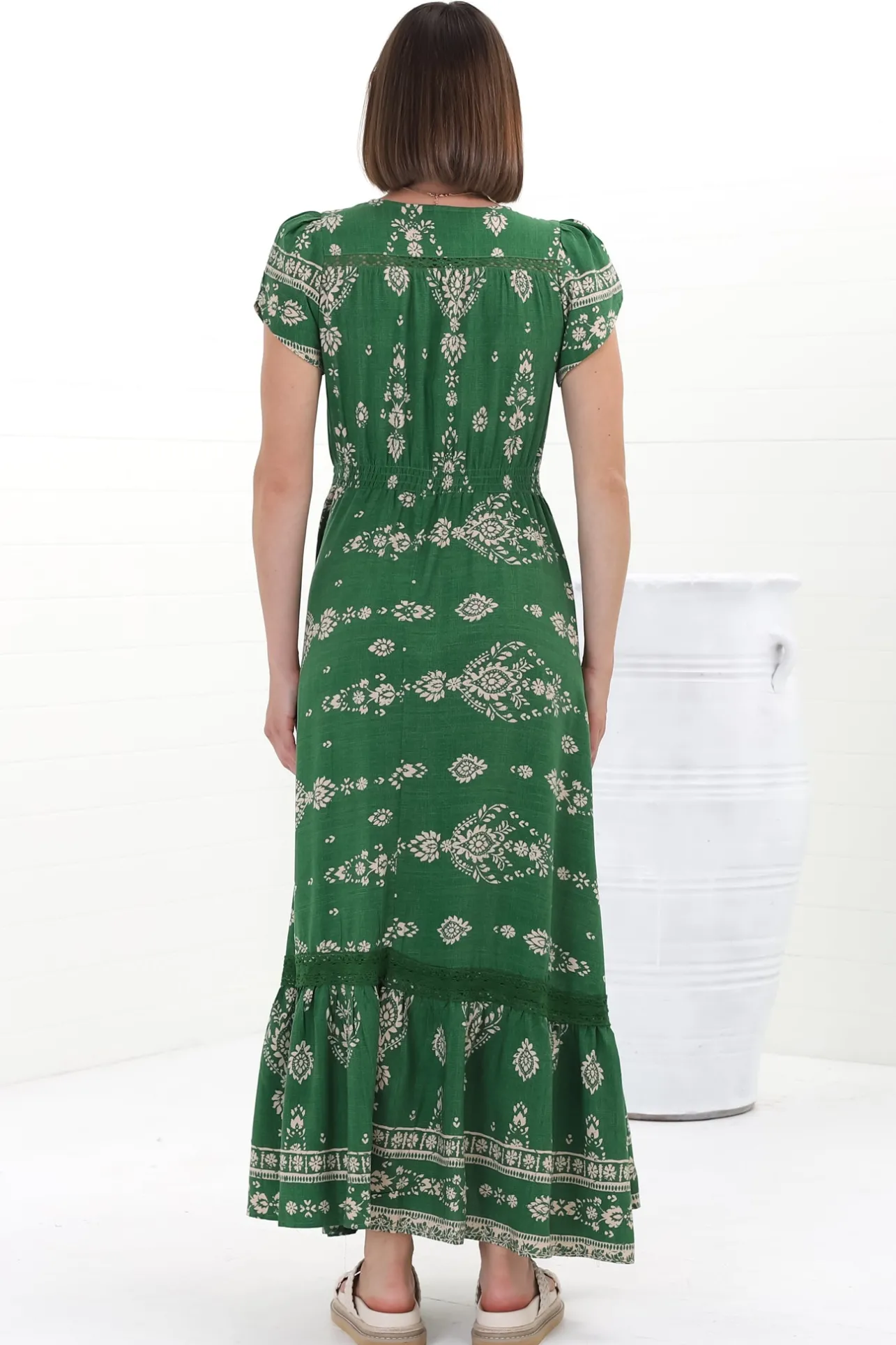 Carmen Maxi Dress - Butterfly Cap Sleeve Button Down A Line Dress with Lace Trim in Kiva>Jaase New