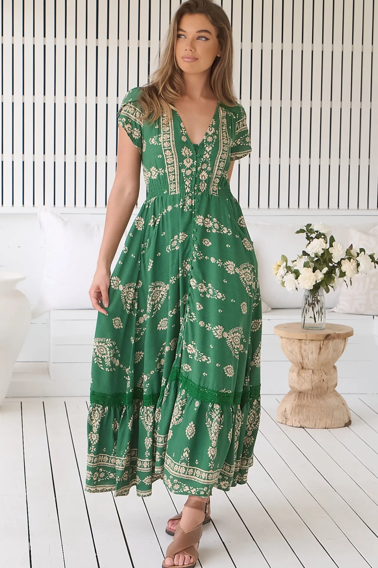 Carmen Maxi Dress - Butterfly Cap Sleeve Button Down A Line Dress with Lace Trim in Kiva>Jaase New