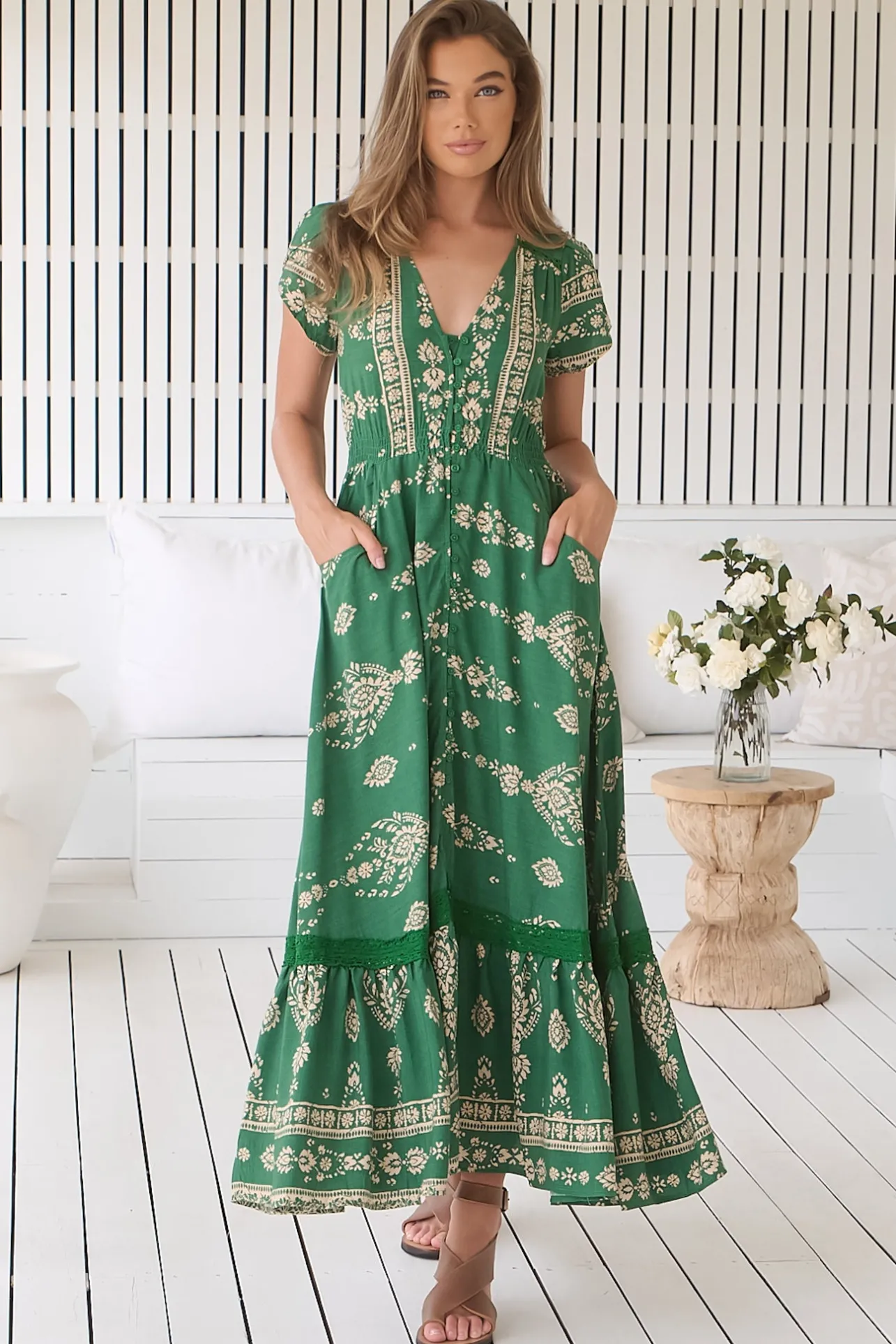 Carmen Maxi Dress - Butterfly Cap Sleeve Button Down A Line Dress with Lace Trim in Kiva>Jaase New