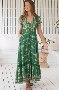 Carmen Maxi Dress - Butterfly Cap Sleeve Button Down A Line Dress with Lace Trim in Kiva><noscript><img width=