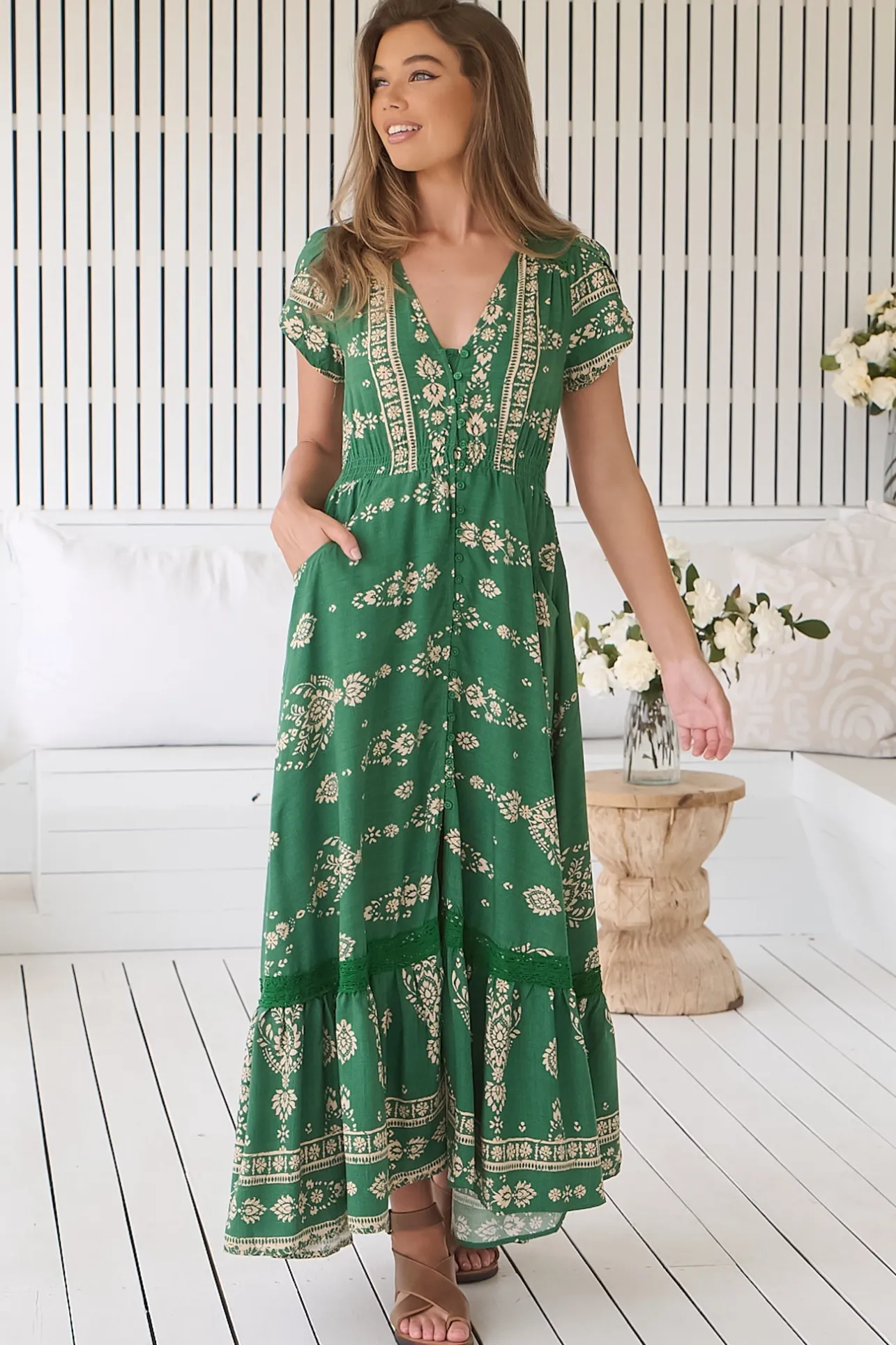 Carmen Maxi Dress - Butterfly Cap Sleeve Button Down A Line Dress with Lace Trim in Kiva>Jaase New