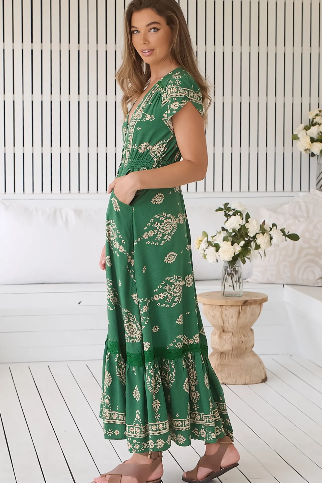 Carmen Maxi Dress - Butterfly Cap Sleeve Button Down A Line Dress with Lace Trim in Kiva>Jaase New