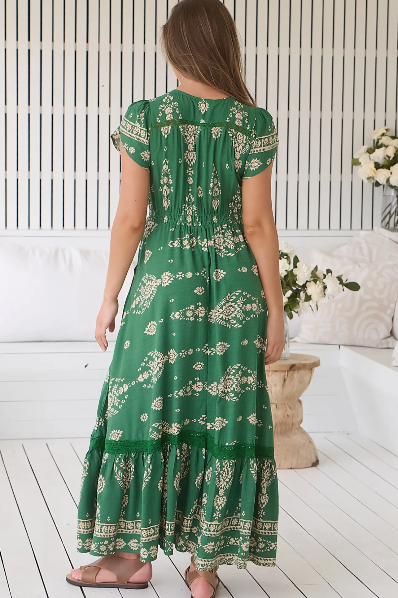 Carmen Maxi Dress - Butterfly Cap Sleeve Button Down A Line Dress with Lace Trim in Kiva>Jaase New